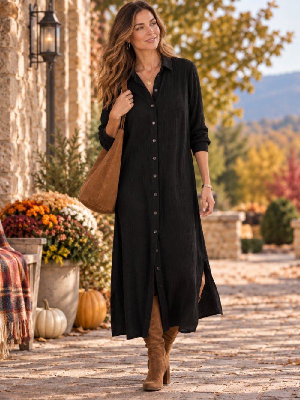 Secret Language Dress Womens M/L Black Button Front Midi Shirt Dress Side Slit